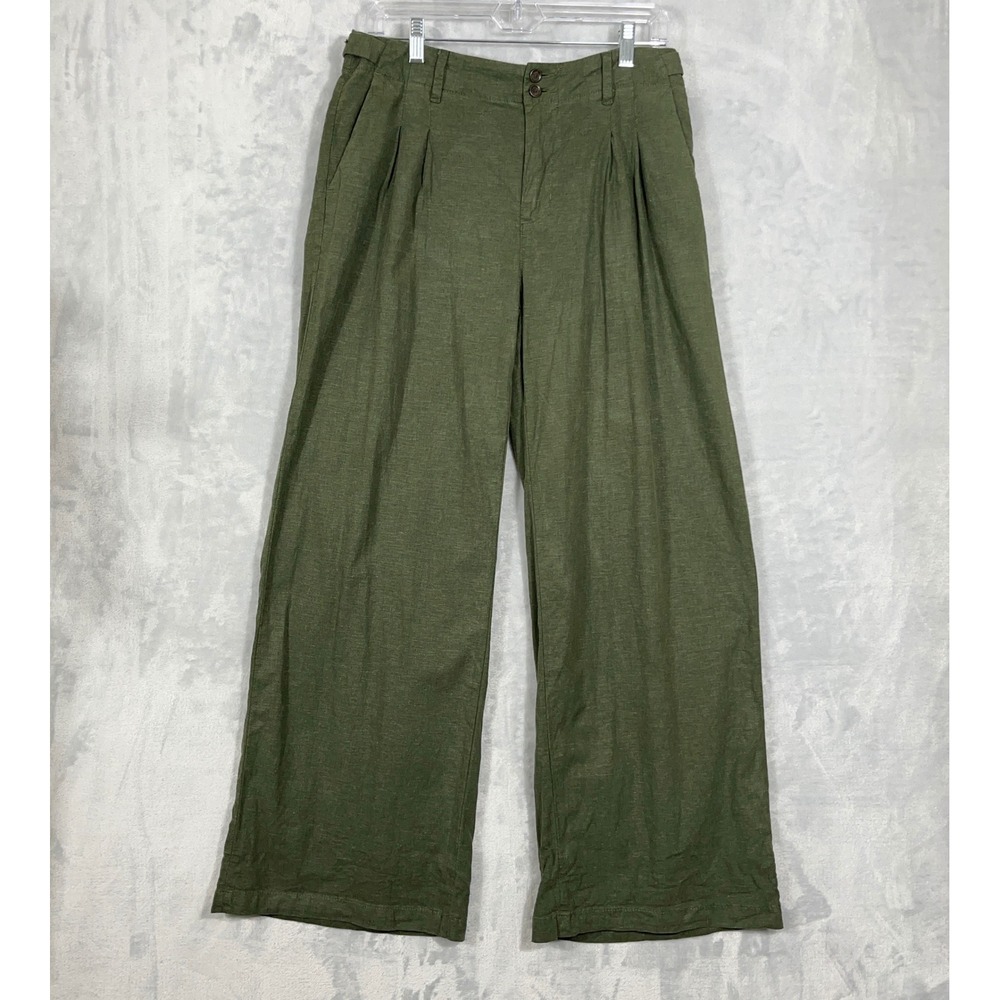 American Eagle Women 4 Olive Green Linen Blend Pleated Wide Leg Stretch Trousers